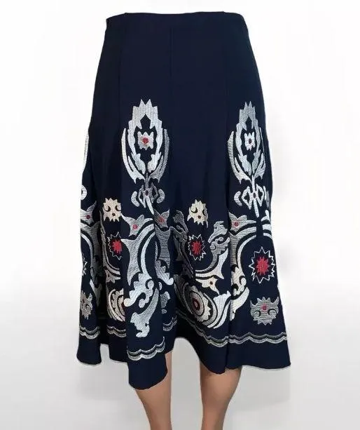 Navy & Silver Embroidered Swing Skirt 30s Midi Inspo Women's Size 6 - Image 4