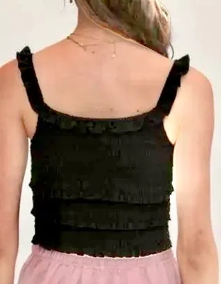 Love Tree BLACK SUPER BOHO Copa Smocked Cropped Tank Top with Ruffle Sleeves - Image 3