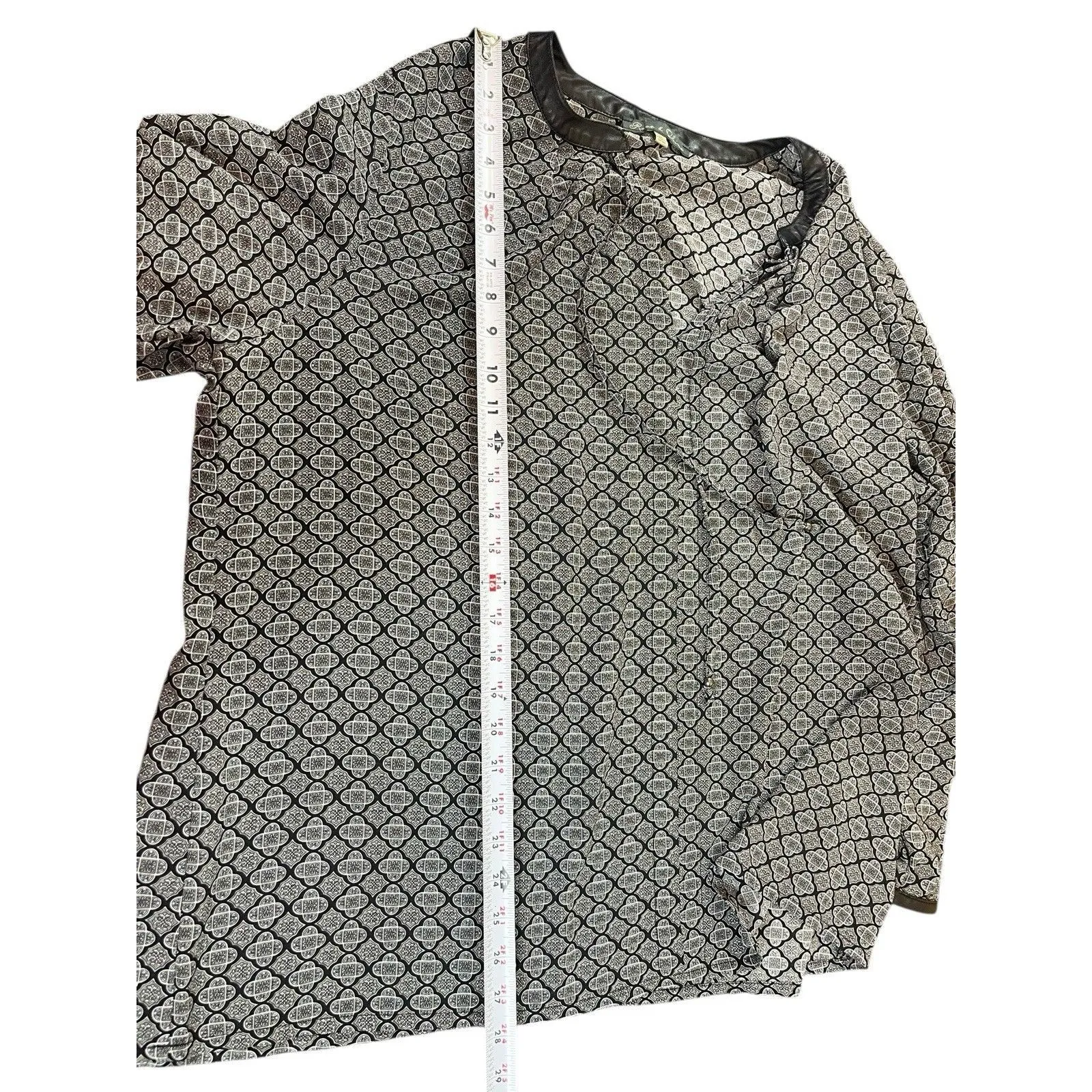 Rose & Olive 3X Black White Geometric Print Blouse Faux Leather Trim Semi Sheer - Image 7