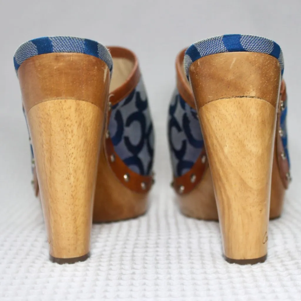 Vintage Coach Blue Signature Logo Bacall Wood Leather Clog Mule Heels Shoes 5B - Image 10
