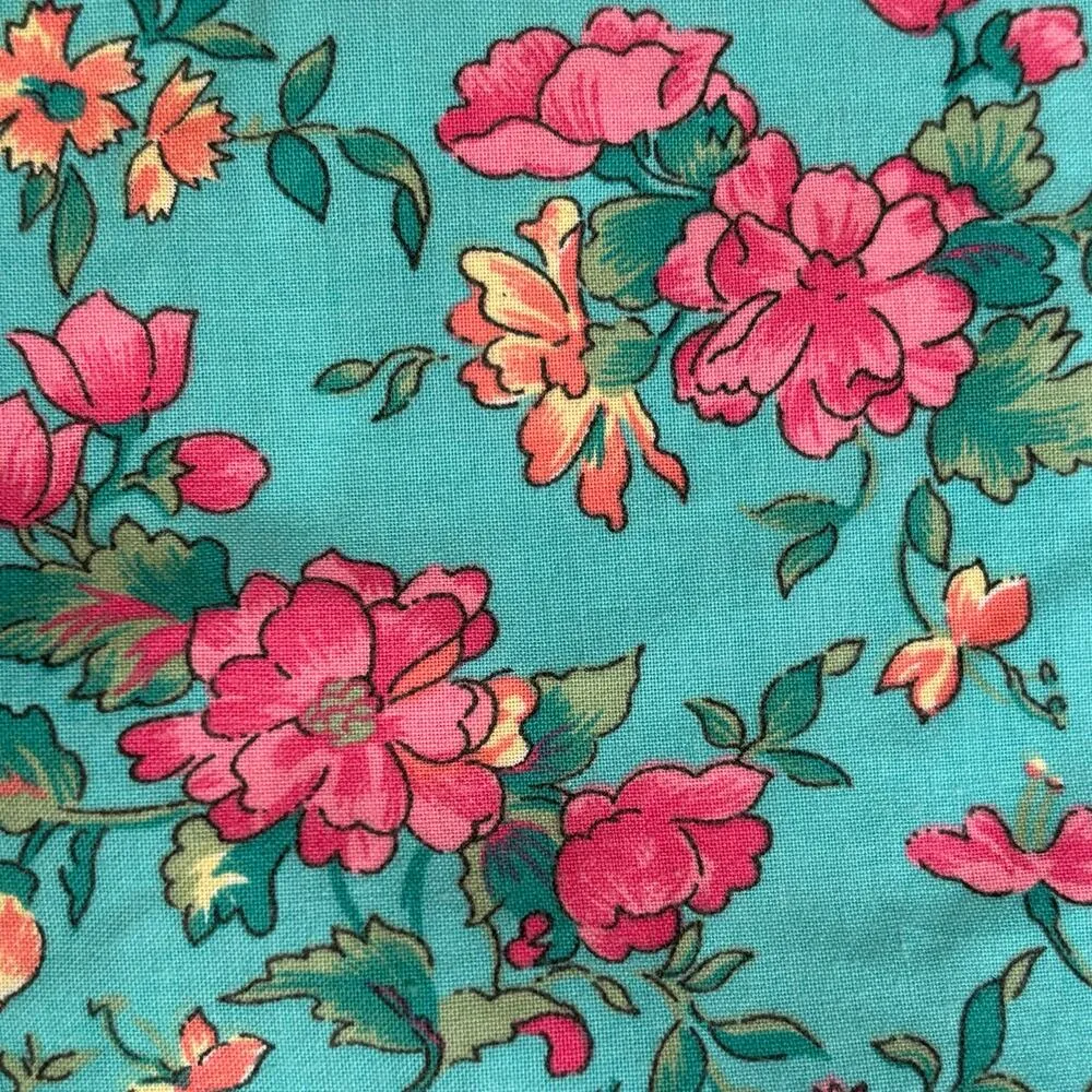 Vintage 90s High Rise Floral Shorts Pink Turquoise Blue USA Made Elastic Waist Size L - Image 9