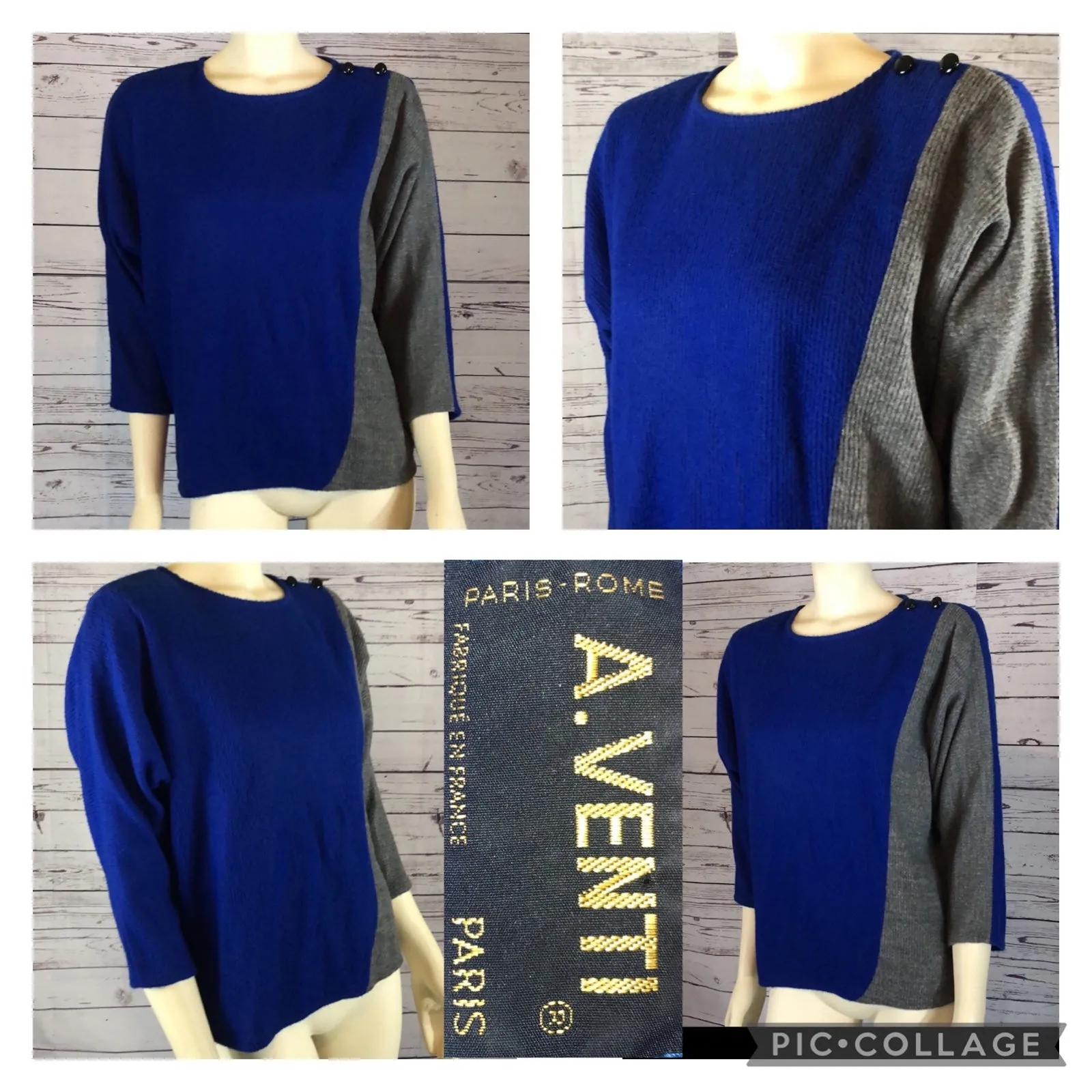Vintage 80's A. Venti Paris blue, grey colour block Wool sweater size small Blue - Image 2