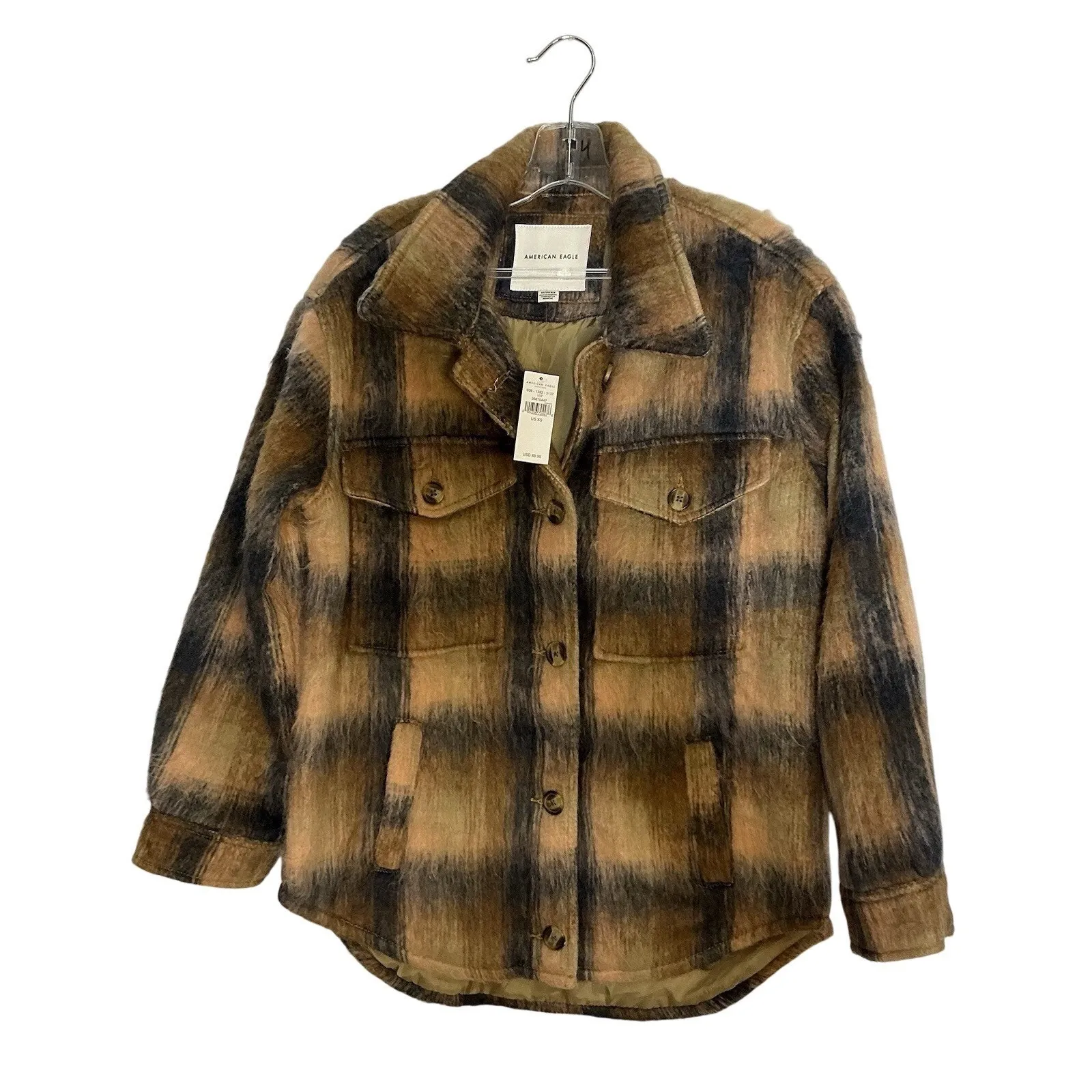 American Eagle Plaid‎ Shacket Jacket Brown Black Tan Brushed Wool Blend XS NWT - Image 8
