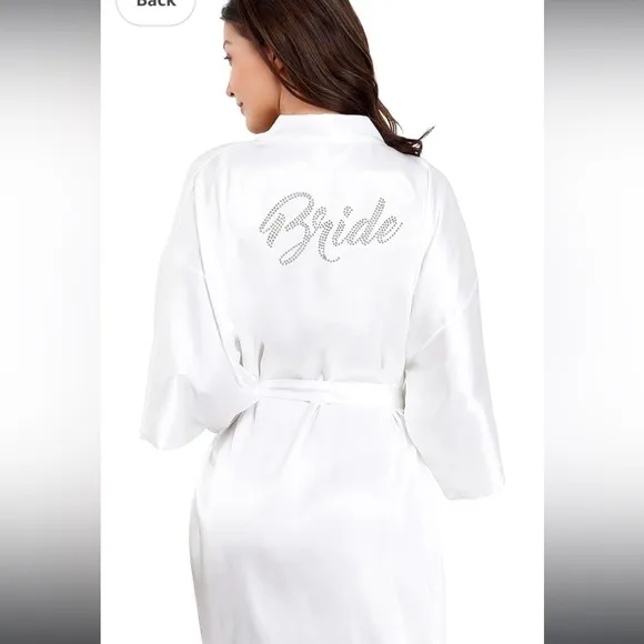 Women's One Size Silver Rhinestones Bride Short Satin Robes for Getting Ready White - Image 2