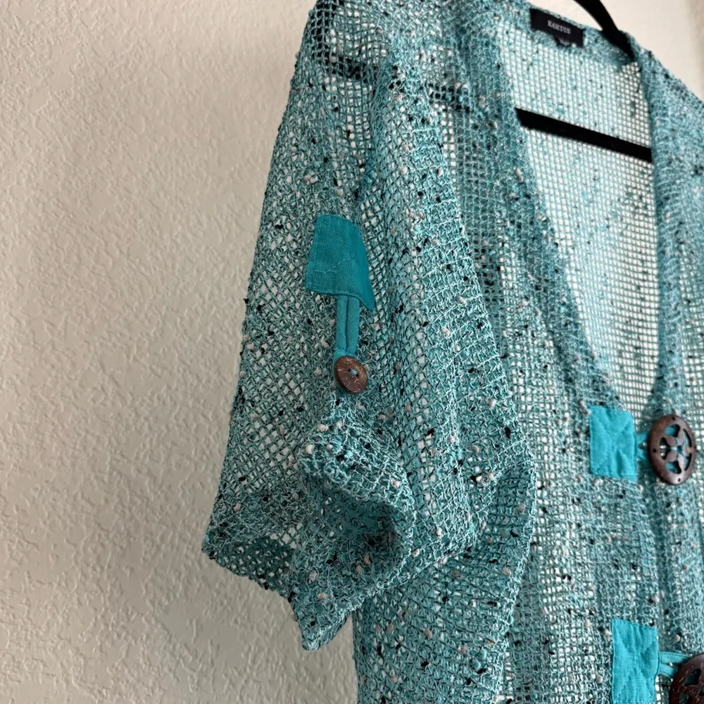 Kaktus Cardigan XL Button Coastal Lightweight Layering Boho Knit Resort Beach Blue - Image 3