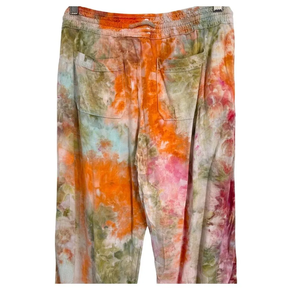 Vintage Linen Blend High Waisted Straight Leg Rainbow Tie Dye Pants Trousers Pink - Image 4