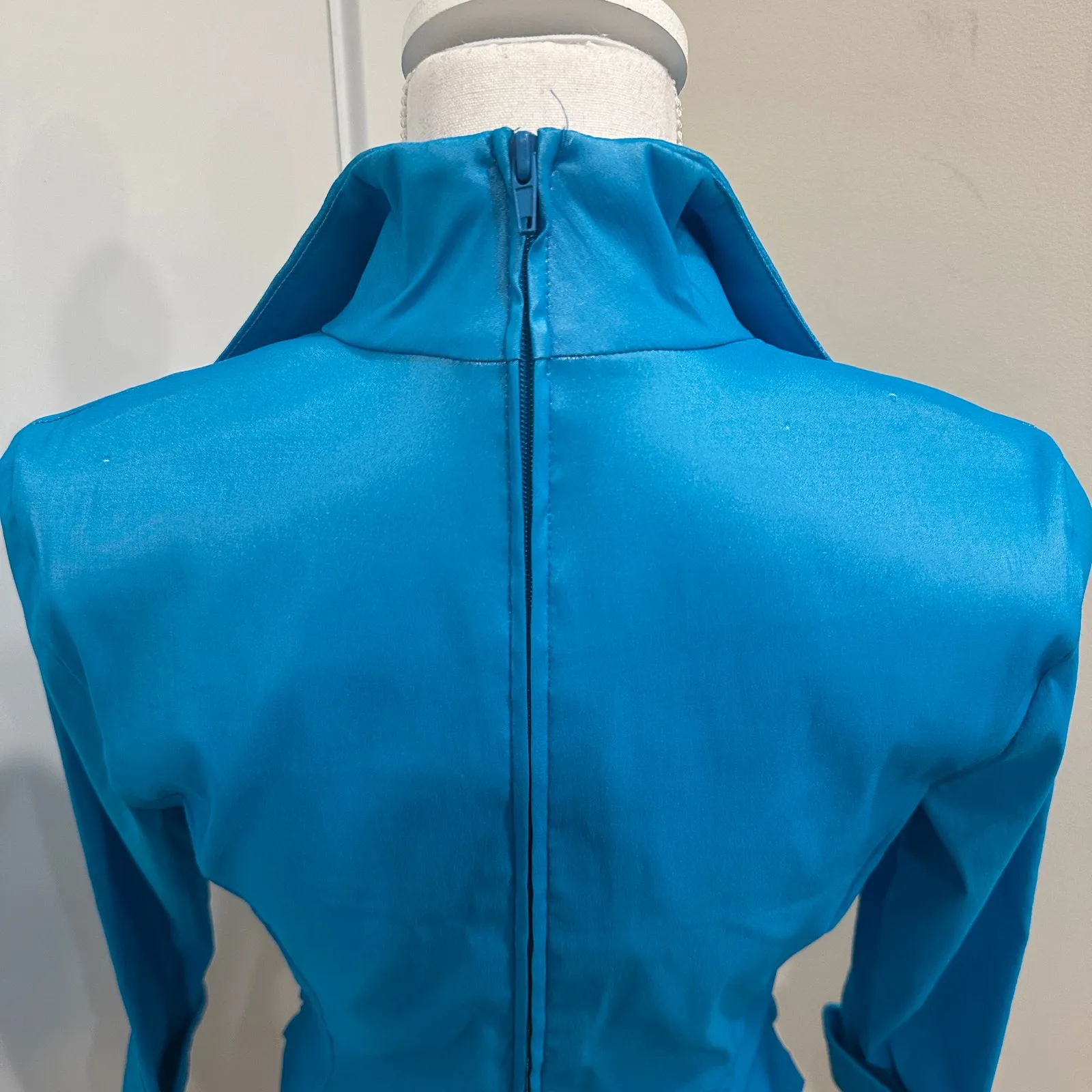 VTG 80s Tadashi Shoji Turquoise Ruched Iridescent Taffeta Blouse Small Glam Bold - Image 6