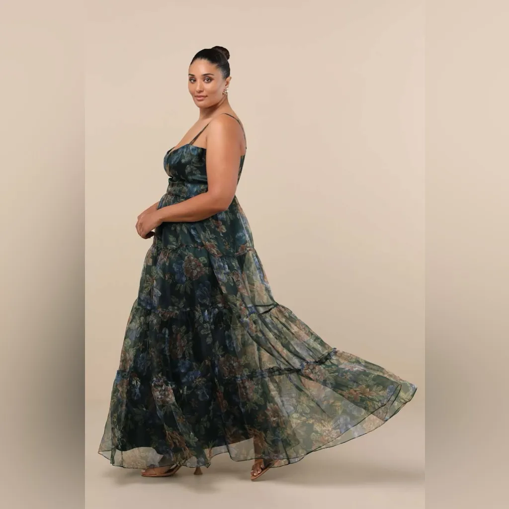 LULU’S Exclusive Glamour Green Floral Organza Tiered Maxi Dress - Image 7