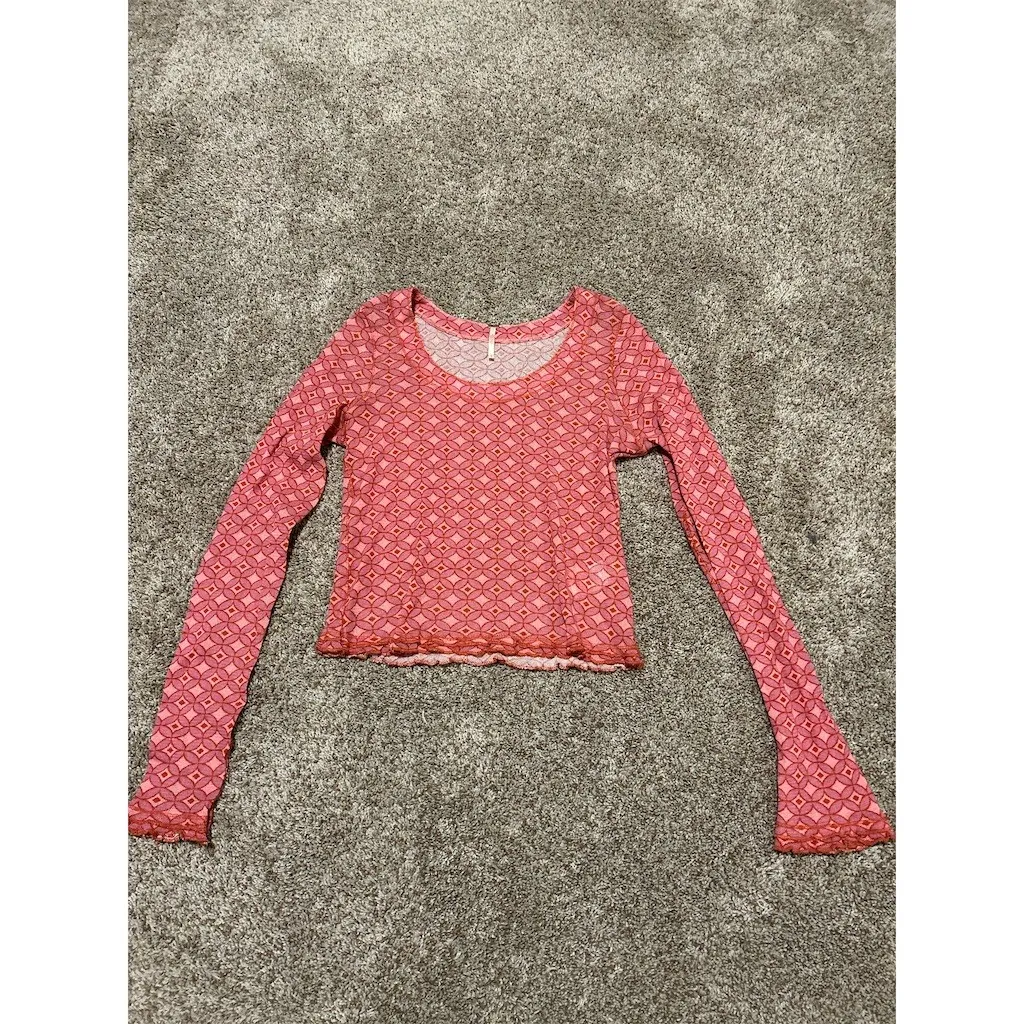 Free People Top Womens M Pink Orange Geometric Mesh Sheer Stretch Scoop - Image 3