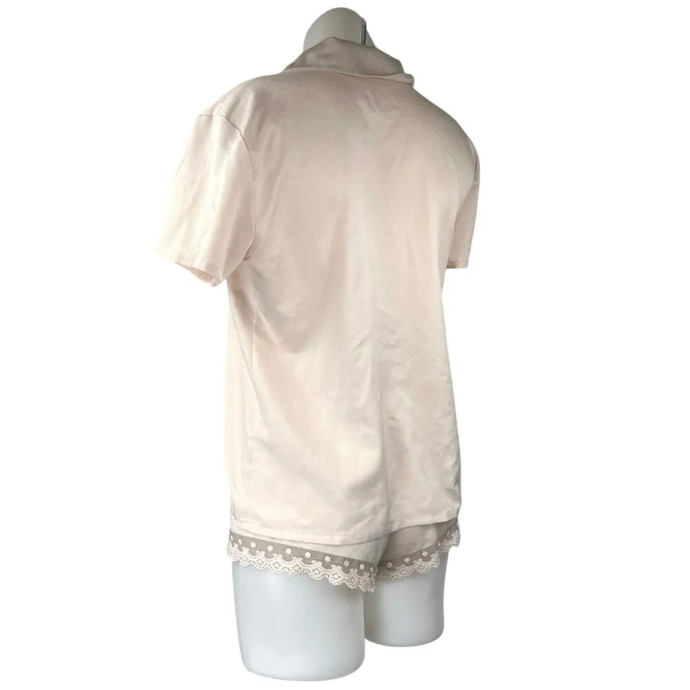 Flora Nikrooz Victoria Charmeuse Beige Silk Satin Button Up Sleep Pajamas Set S - Image 2