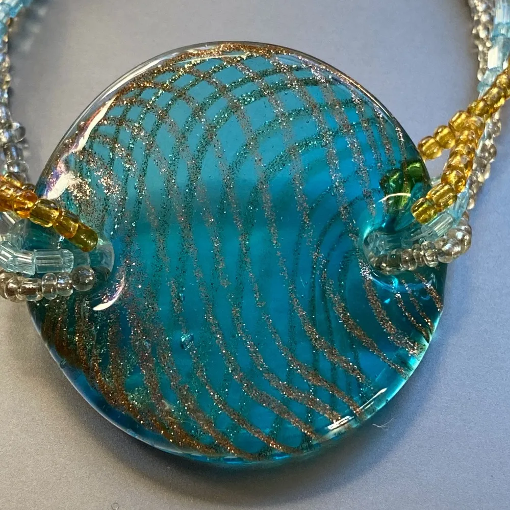 Artisan Made Dichroic Glass Bracelet Blue Gold Disc Seed Bead Adjustable 8" NWOT - Image 2