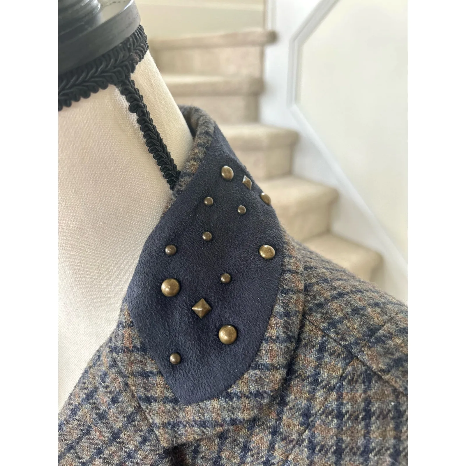 Sundance Grey Wool Plaid Faux Navy Suede Studded Trimmed Collar Blazer - Image 2