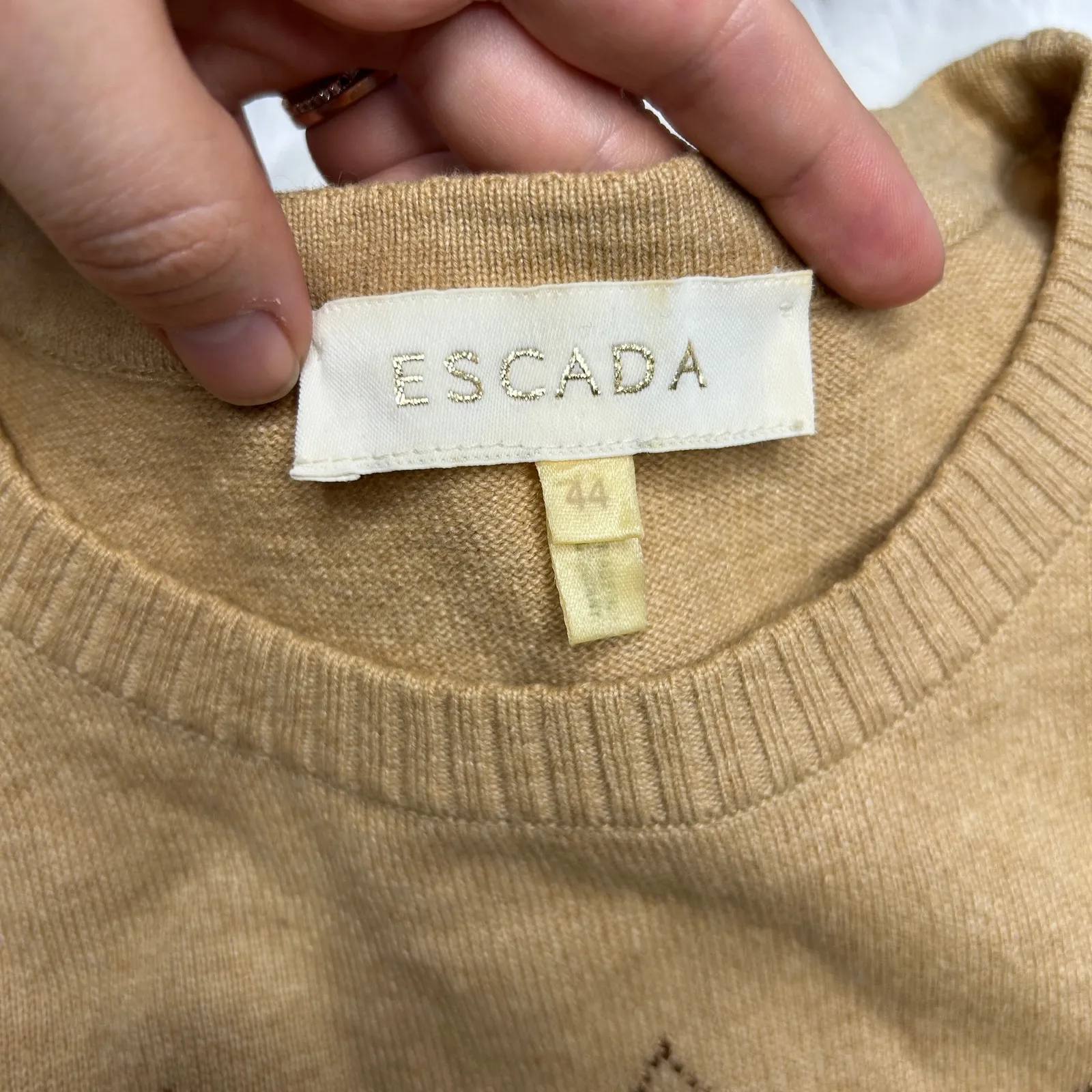 ESCADA Vintage Argyle Sweater Vest Womens Large Wool Cashmere Silk Academia Twee Tan - Image 4