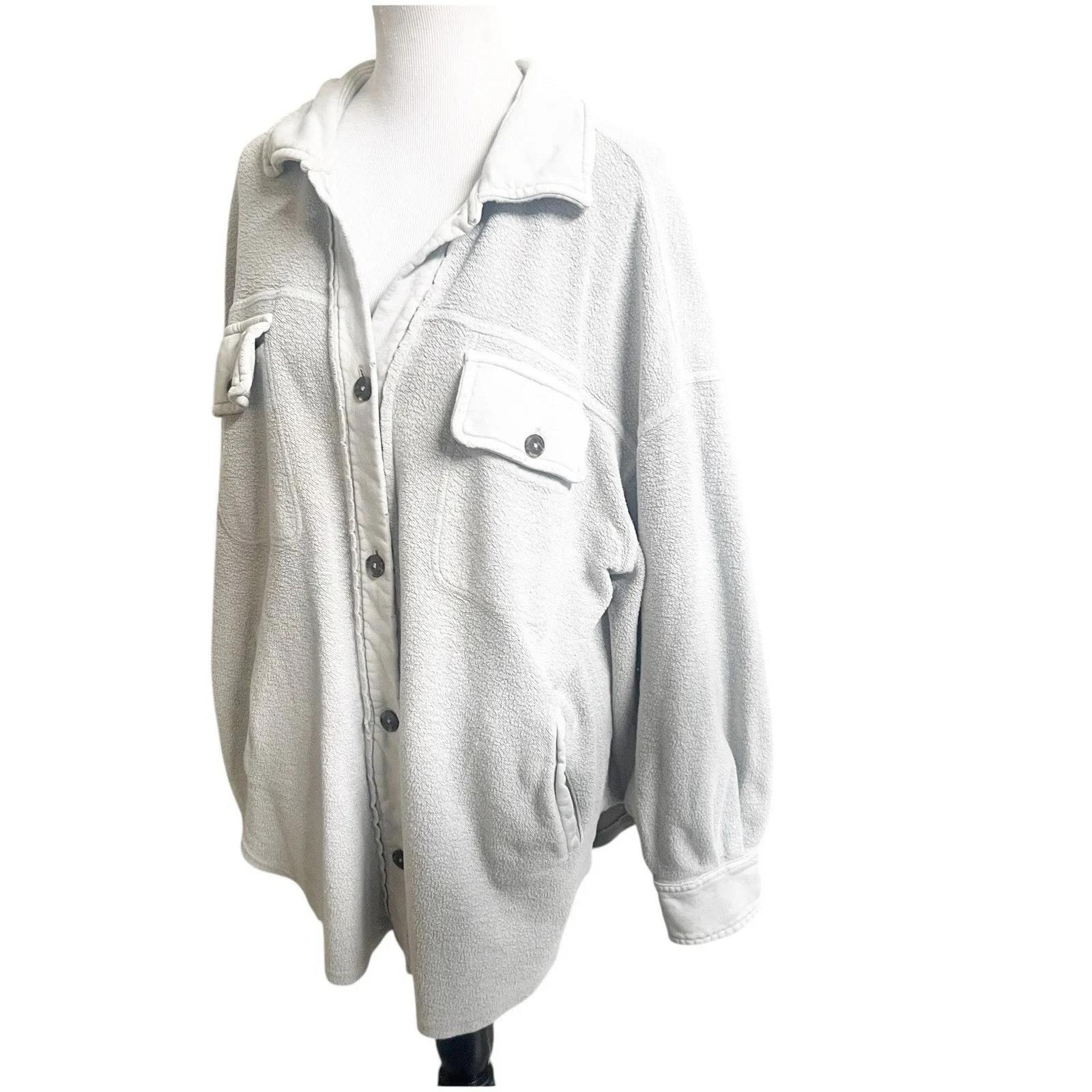 Free People Ruby Shacket in Stone Large Fleece Long Sleeve Button Front Pockets - Image 3