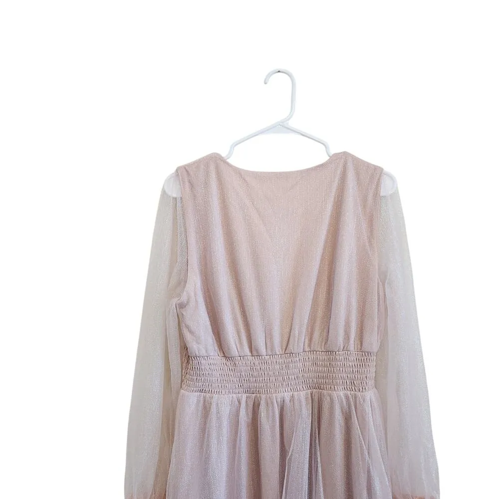 Baltic Born Long Sleeve Smocked Waist Sheer Tulle Maxi Dress Nude Size XL Tan - Image 10