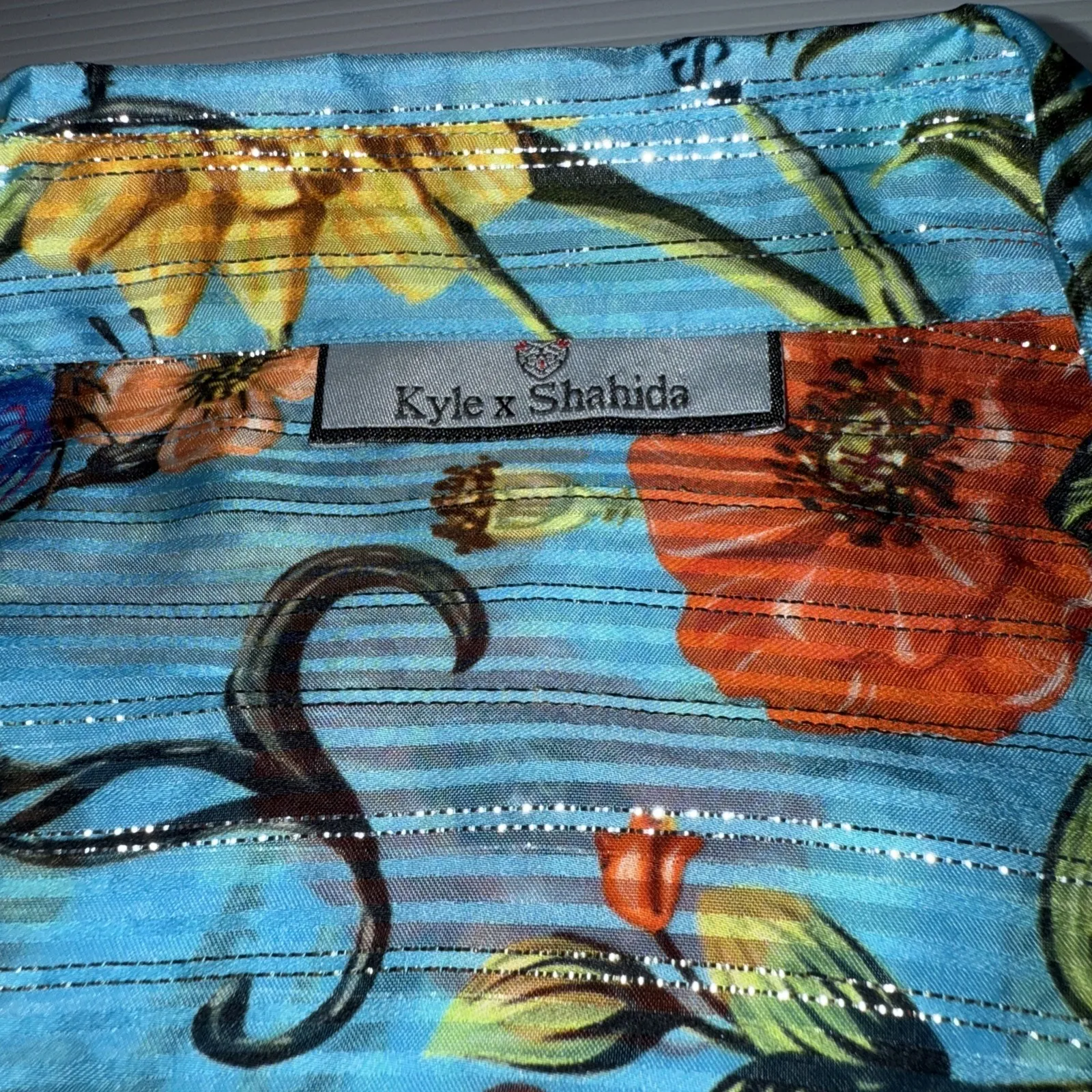 KYLE X SHAHIDA Silver Thread EMBELLISHED BLUE FLORAL PRINT Silk Blouse L Size L - Image 2