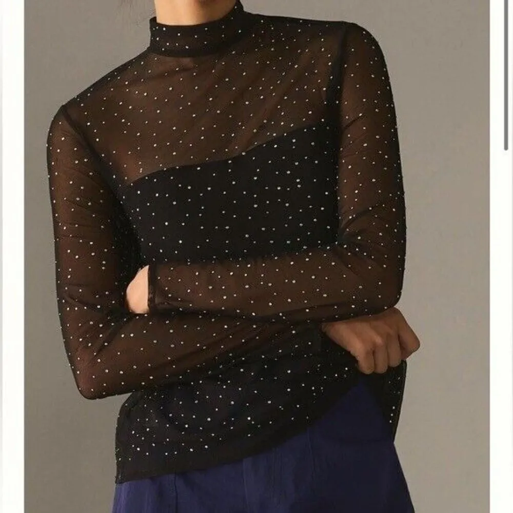 ANTHROPOLOGIE Eva Franco Starlight Long Sleeve Sheer Rhinestone Tunic Size XSP Black - Image 3