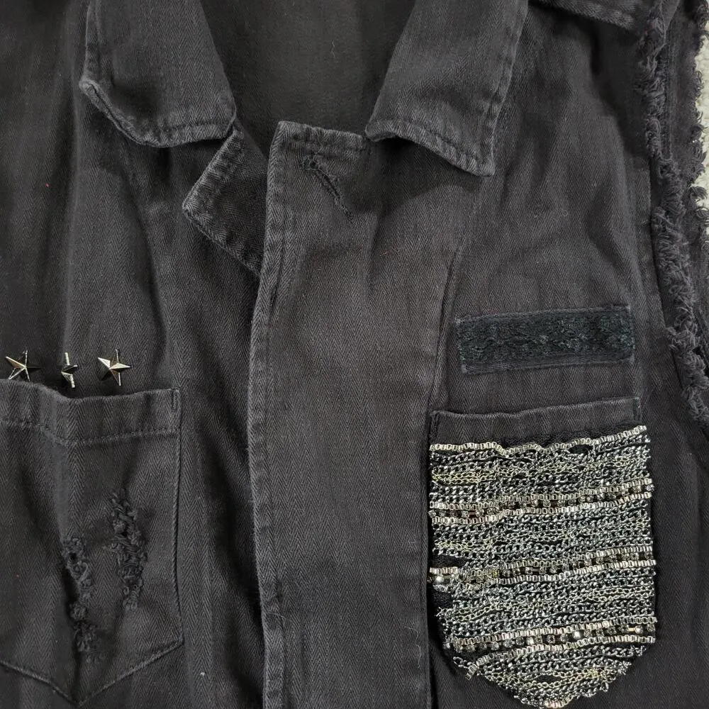 Miss Me Womens Denim Vest S Black Embellished Distressed Sleeveless Drawstring - Image 9