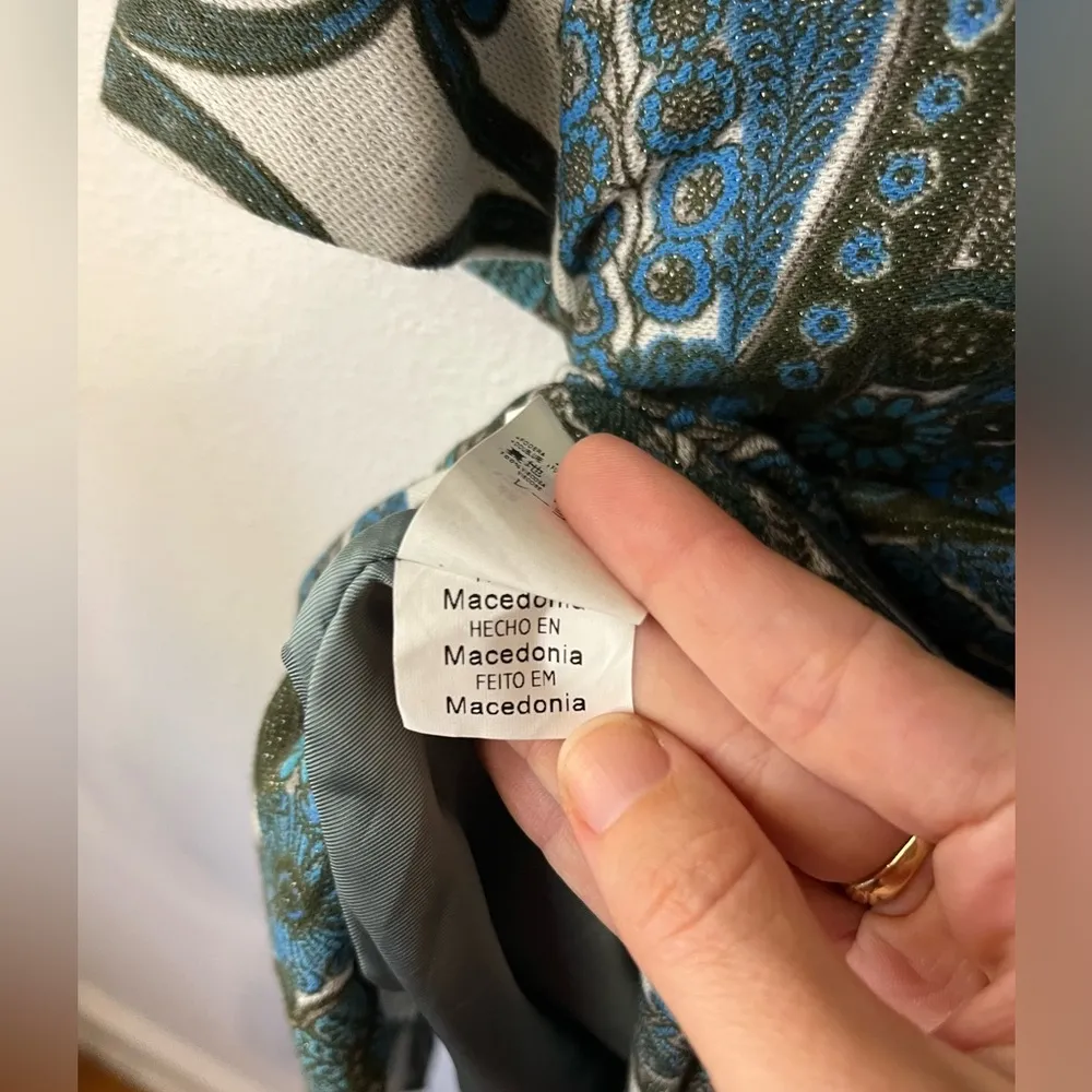 SEE BY CHLOE Paisley Floral Blue Green White Metallic Gold Shift Dress Size 2 - Image 9