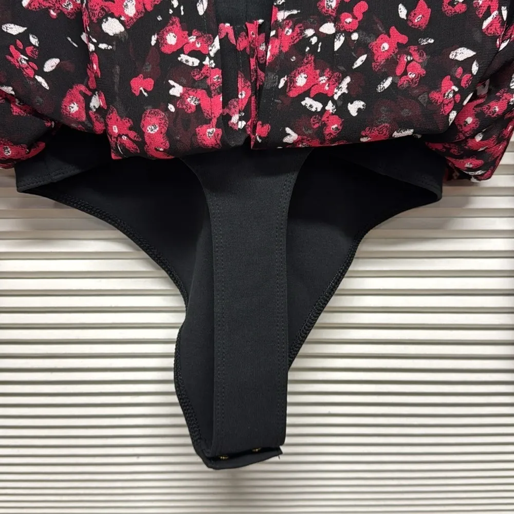 Banana Republic NWT Black Red Floral Balloon Sheer Sleeve Thong Bodysuit - Image 8