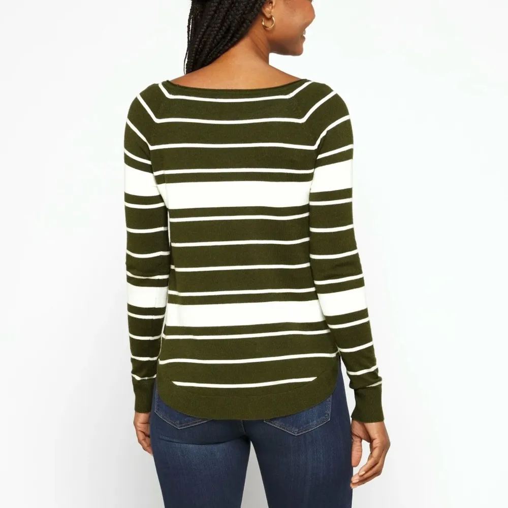 New  Valencia Curved Hem Striped Sweater Olive Green Ivory Size XXL - Image 3