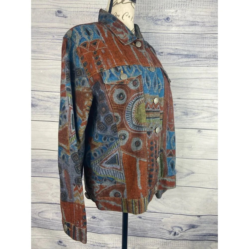 Chicos 1 Denim Jean Jacket Womens M Collar Long Slv Cotton Western Aztec Tribal - Image 2