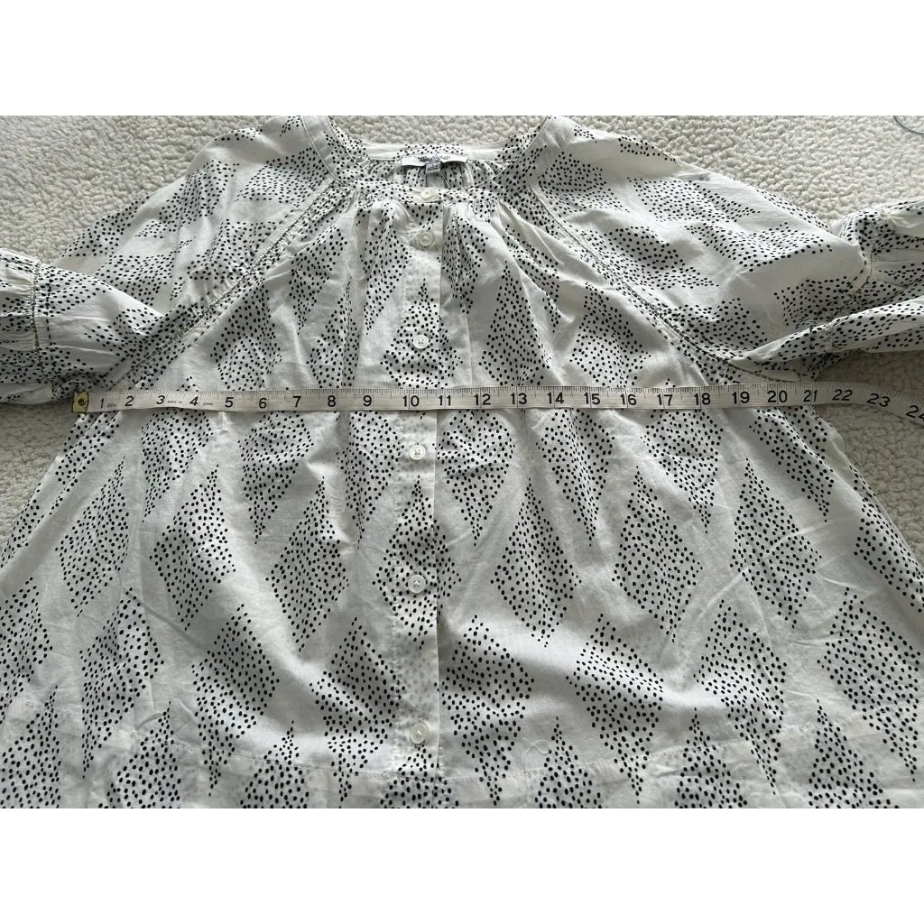 Madewell Shirred Crewneck Balloon Sleeve Button Down Top Cream w/Black Dots Sz L - Image 10