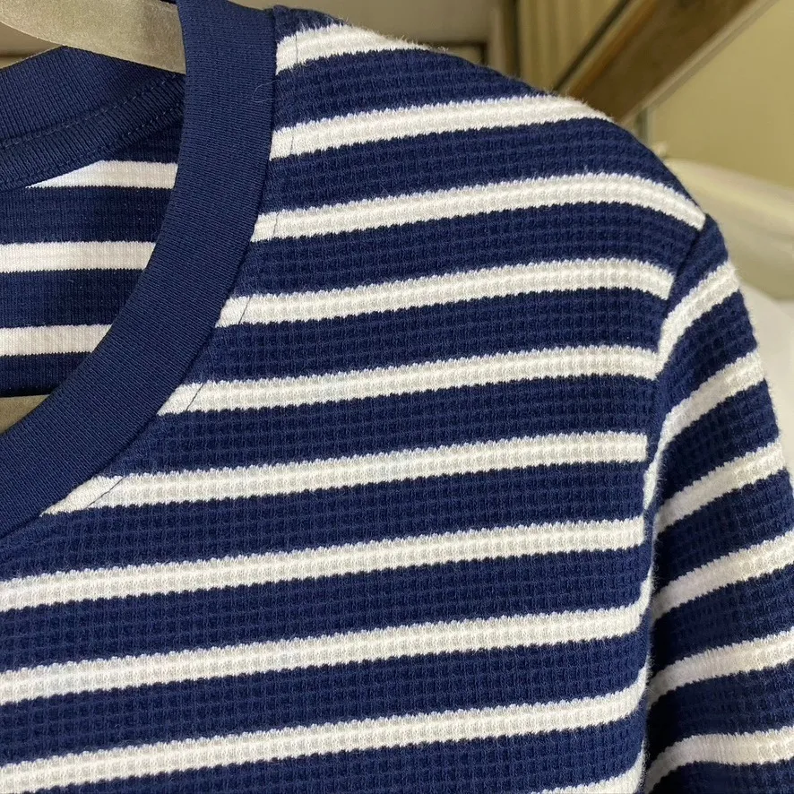 Lands' End Women's XL Deep Sea Navy Ivory Stripe Waffle Sleep Shirt Top New Blue - Image 4