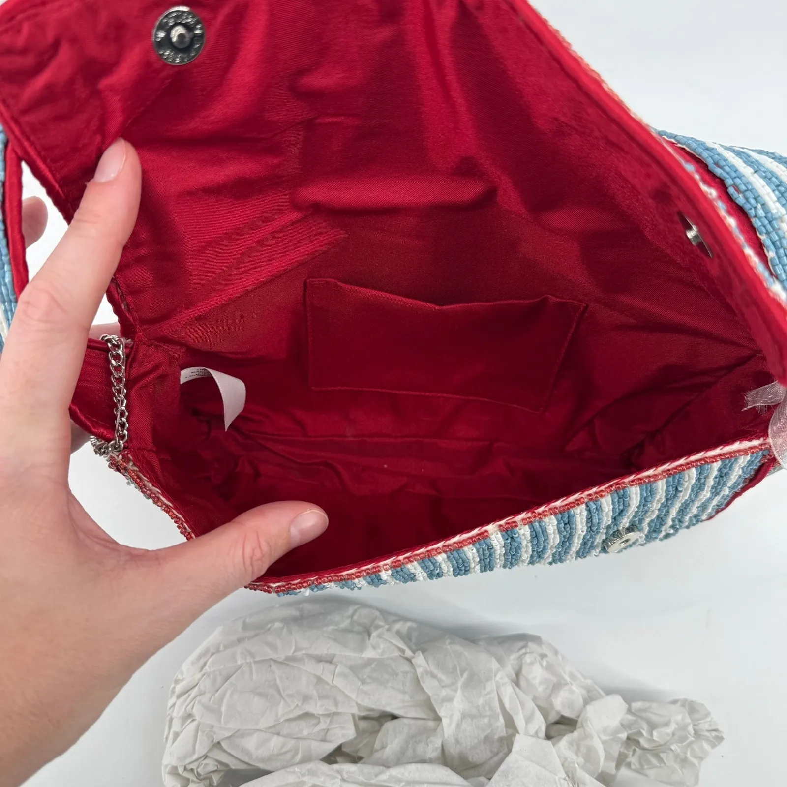 Handcrafted Beaded Red Lobster Shoulder Bag Purse Blue White Striped India Made - Image 4