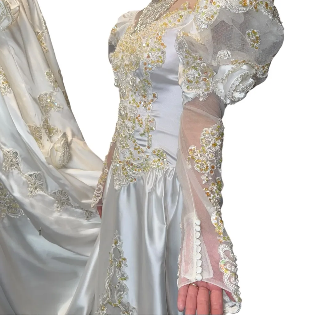 Vtg 80s Beaded Alfred Angelo Satin Lace White Long Slv Wedding Dress 12ft Train - Image 8