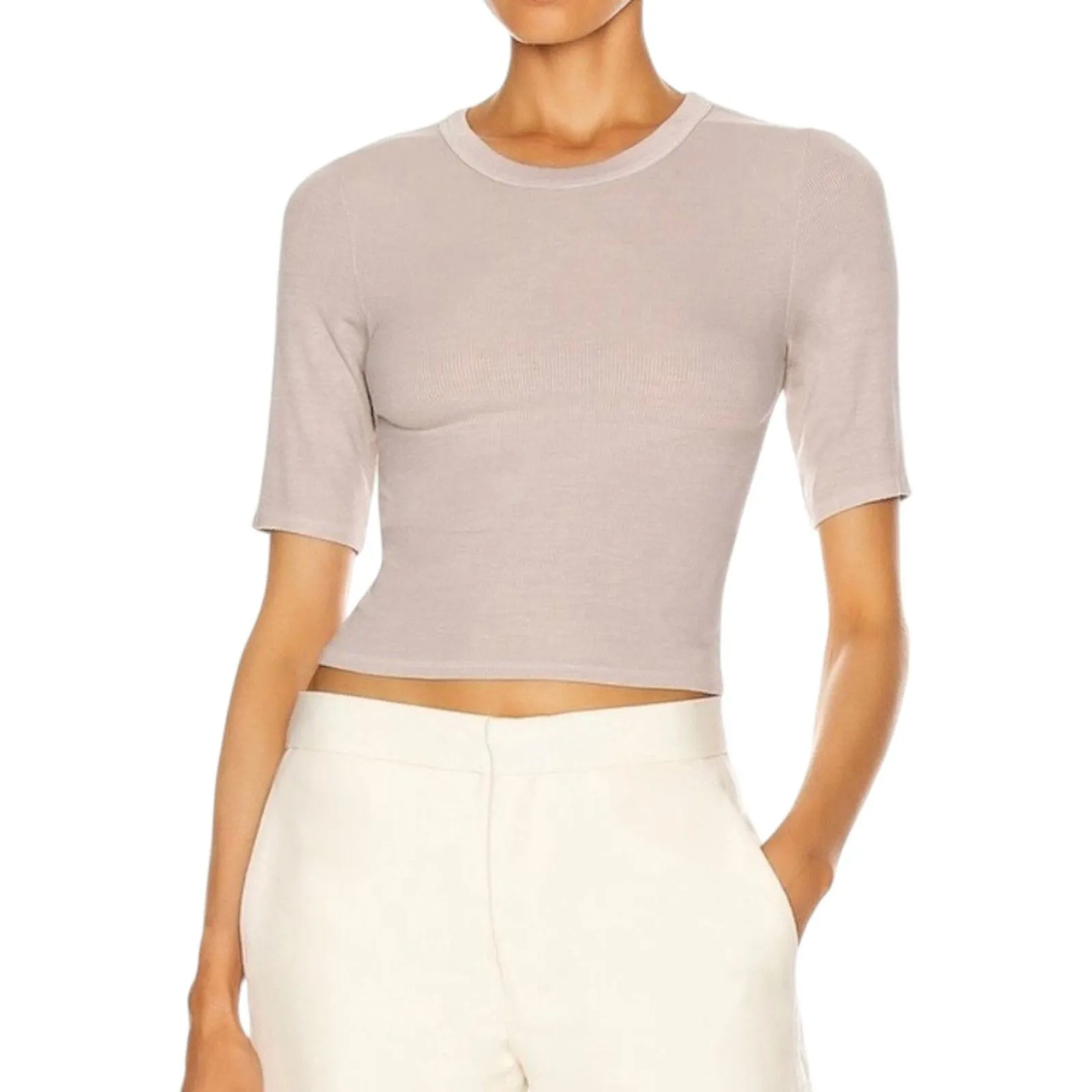 Enza Costa Silk Rib Cropped Half Sleeve Crew Shirt Ribbed Olive Green Medium - Image 6