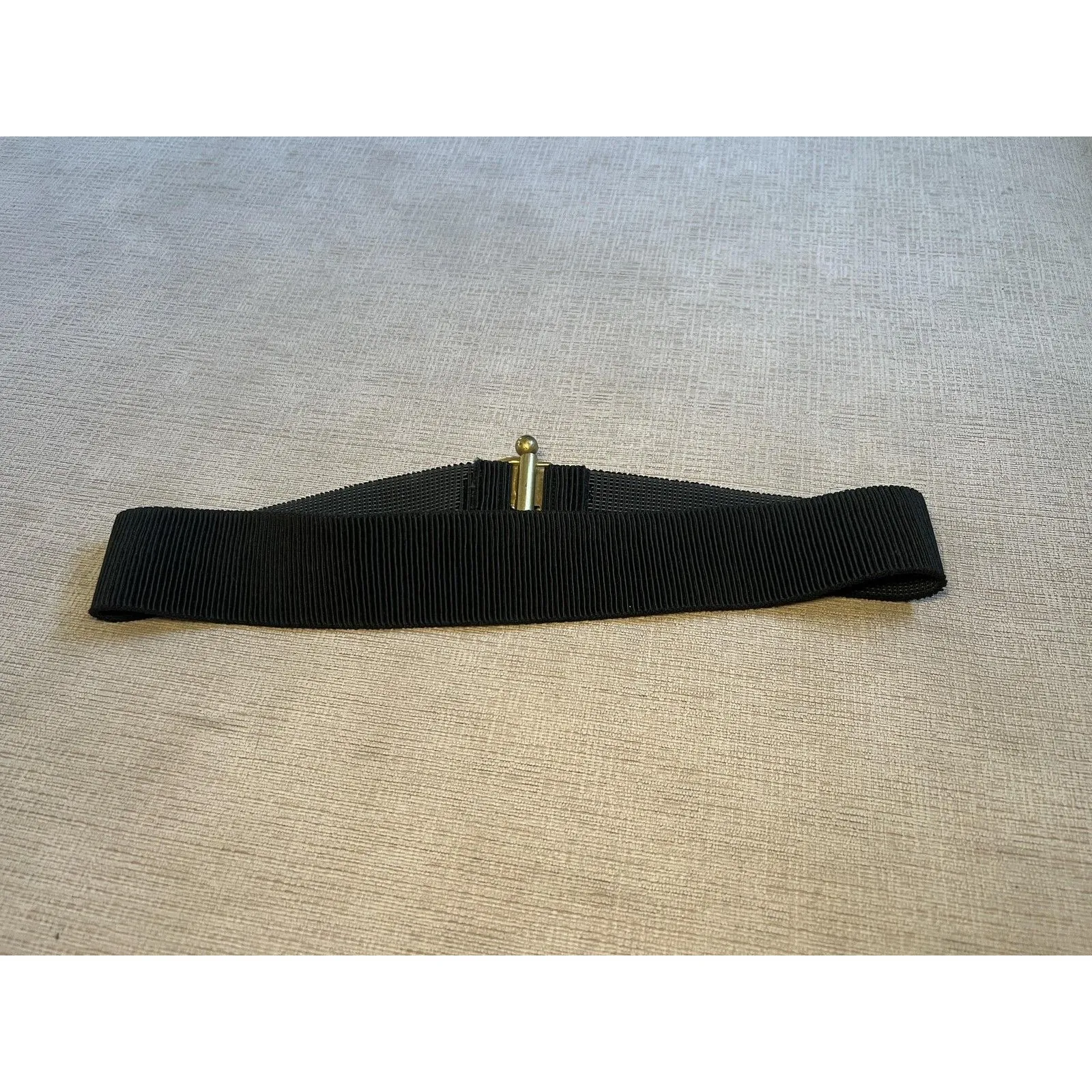 Black Stretch Waist Belt Womens Medium Gold Tone Floral Buckle Vintage Style - Image 3