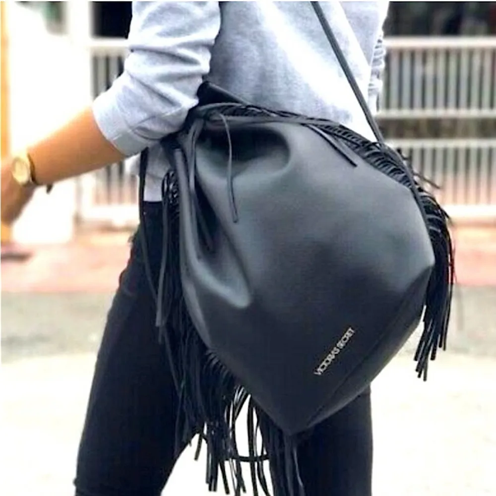 Victoria’s Secret Limited Edition Black Vegan Leather Drawstring Fringe Backpack - Image 3