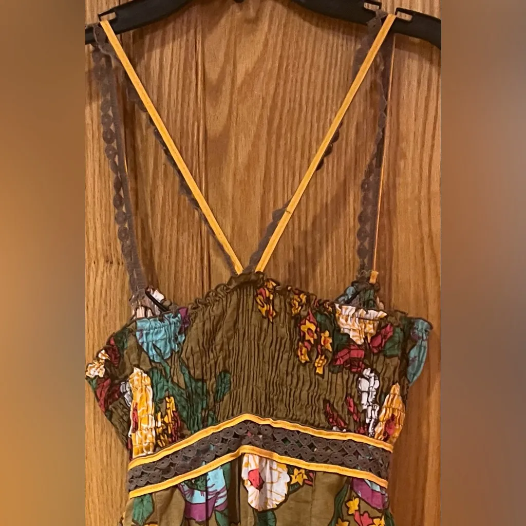 Free People Brown Floral Print‎ Spaghetti Straps. Ruffle Mini Dress Size Small - Image 2