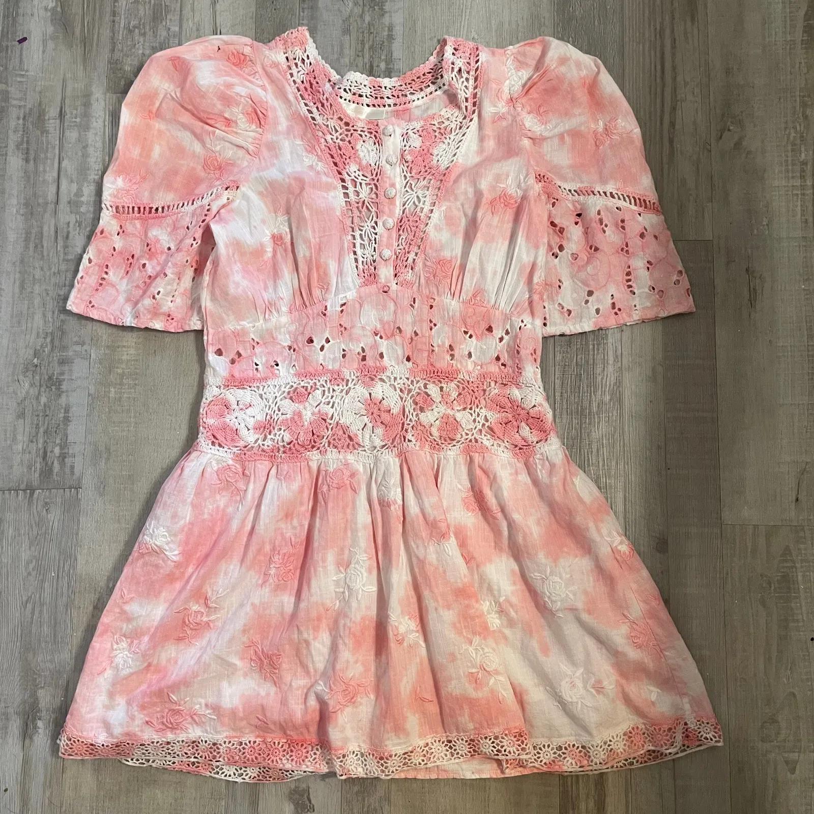 LoveShackFancy Divine Bloom Embroidery Mini Dress  in Pink Tye Dye Size 10 - Image 15