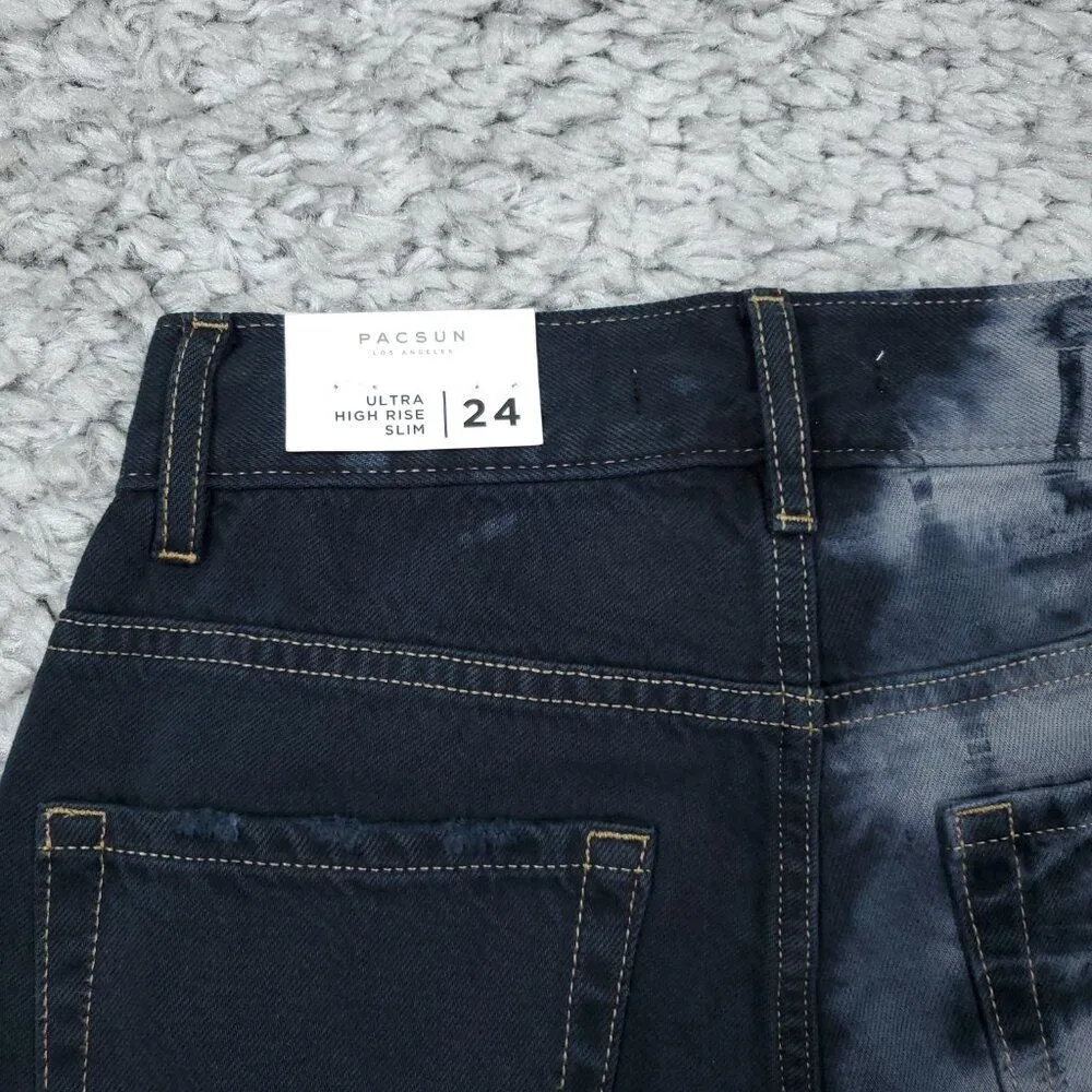 Pacsun Ultra High Rise Slim Jeans Women's Size 24 Two Tone Tie Dye Black Eco - Image 4
