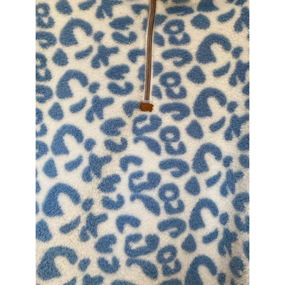 Heathmoor Leopard Print Pullover Coastal Fluffy Cozy Fuzzy Fleece Y2K Boho Cute Blue Size M - Image 5