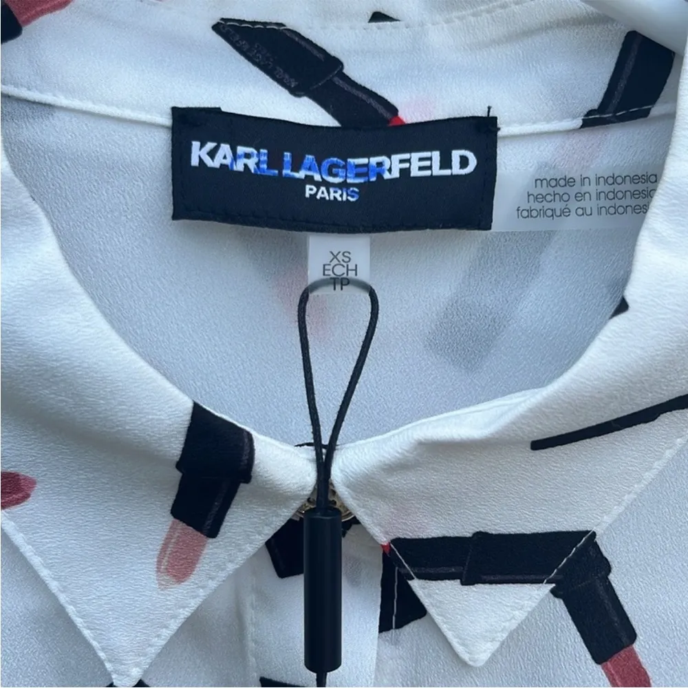 NWT Karl Lagerfeld Lipstick Pattern Long
Slv Roll Tab Blouse Generous XS - Image 10