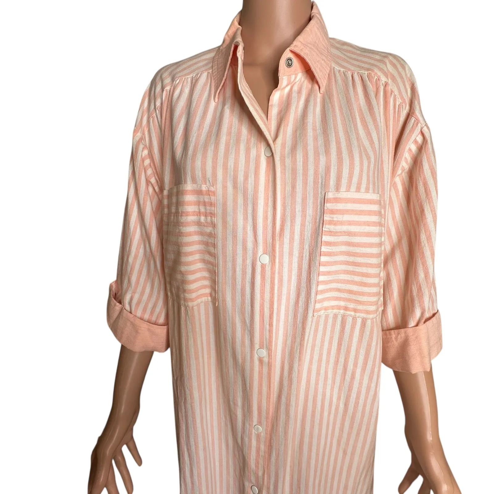 Brownstone Studio Peach Stripe Long Button Front Shirt Gown Dress Size 16 Pink - Image 3