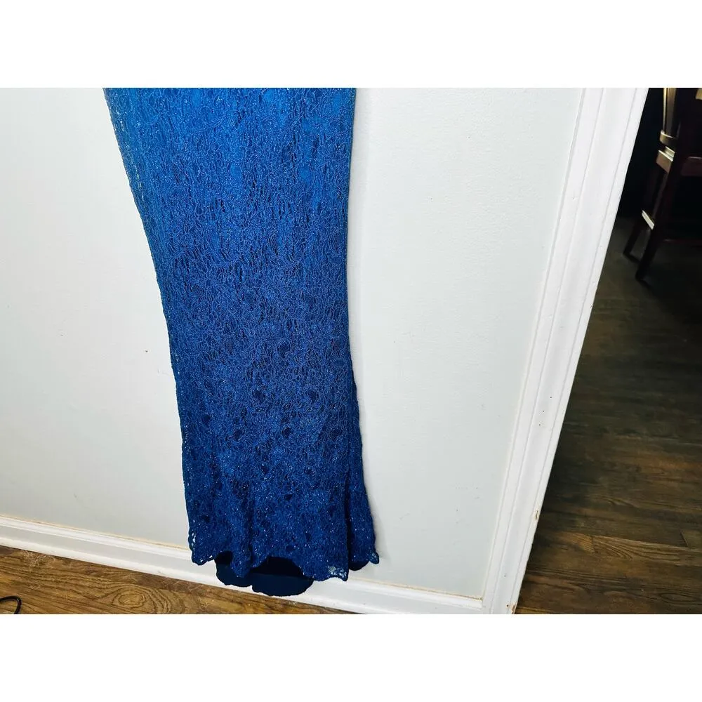 THEIA Dark Blue Metallic Floral Lace Overlay Shimmering Element Gown Size 6 - Image 10