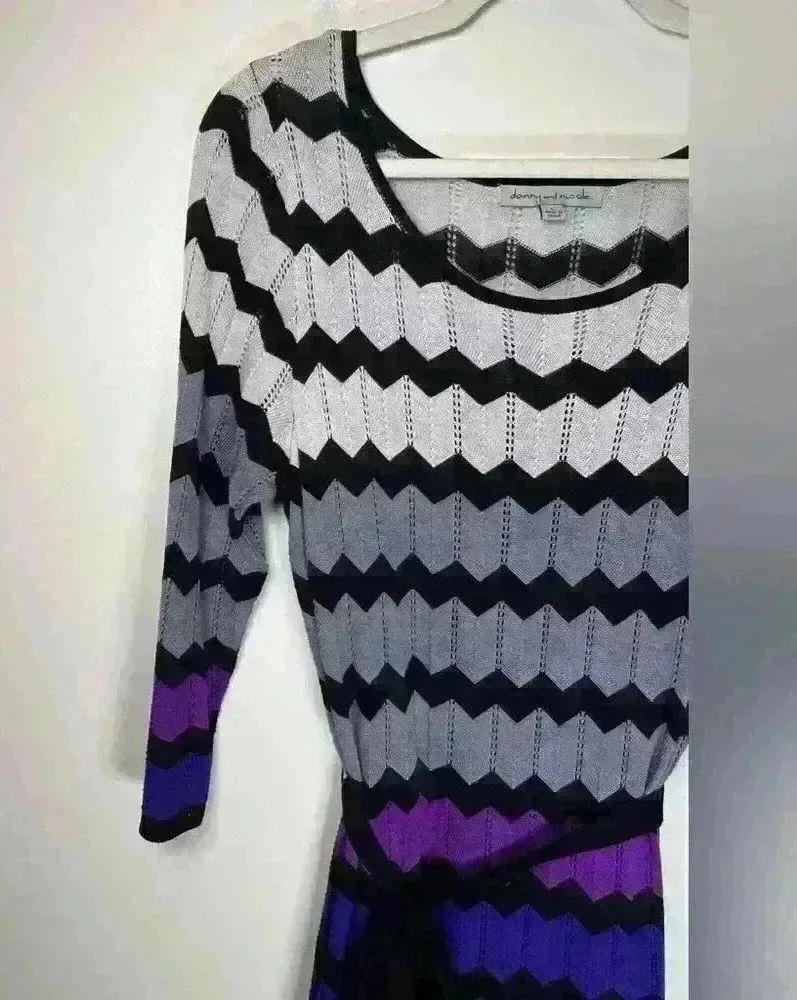 Danny and Nicole Chevron Print Purple Gray Black Belted Knit Dress Size Large - Image 6