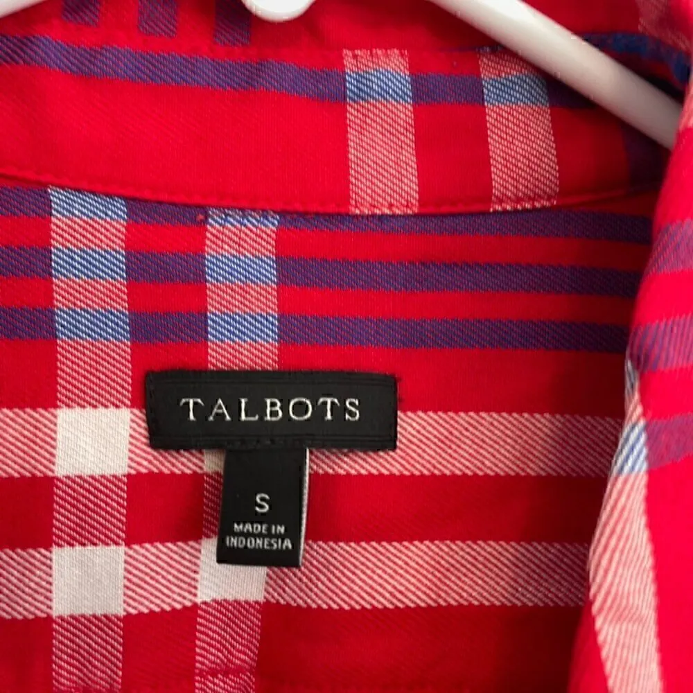 TALBOTS Red White Blue Plaid Long Sleeve 100% Rayon Button Down Shirt / Tunic S - Image 5