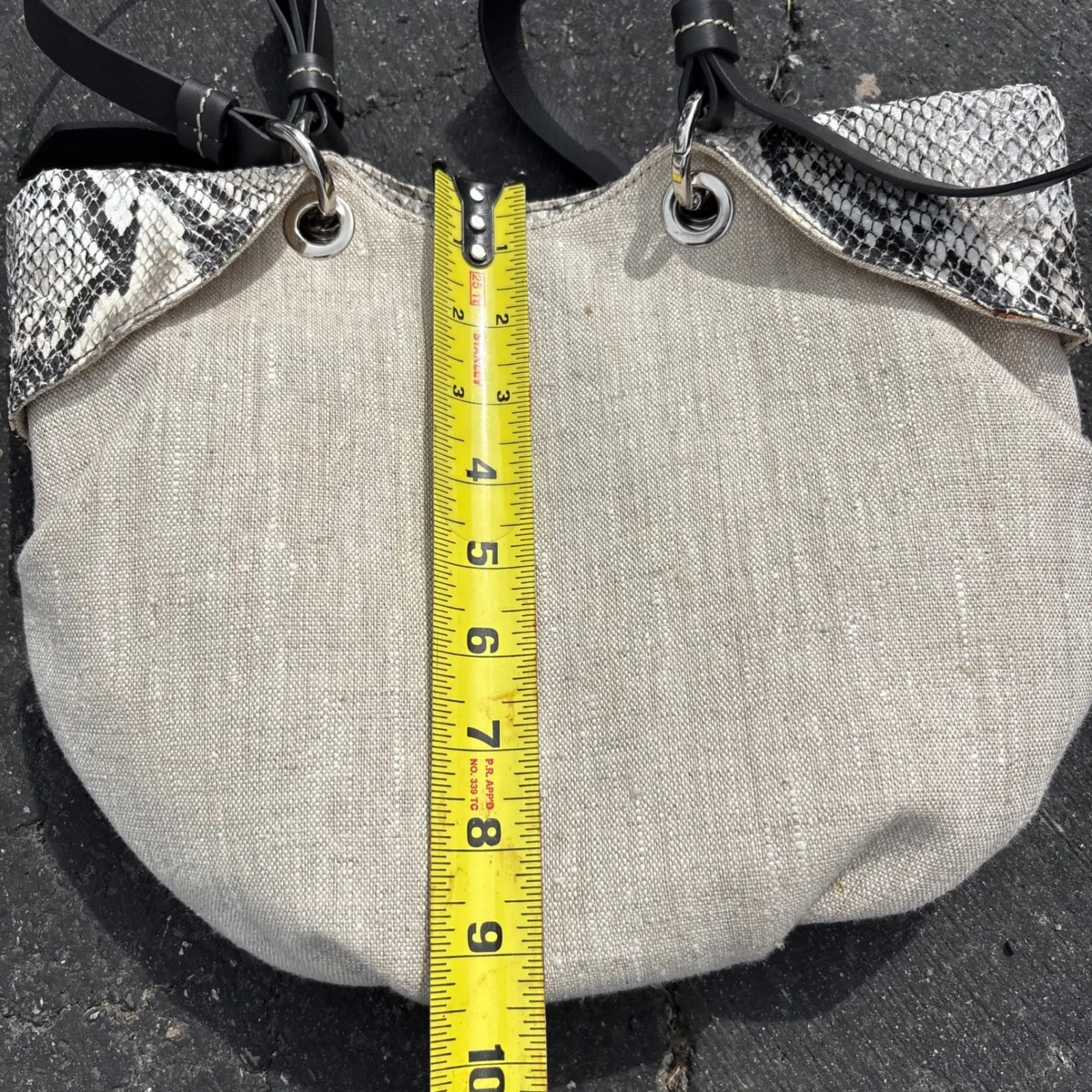 Francesco Biasia Linen Baguette Bag Snakeskin‎ Trim Convertible Strap Tan - Image 9