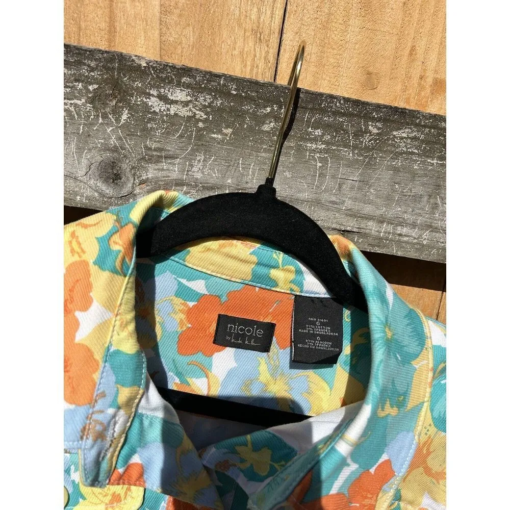 Nicole Miller Womens Floral Long Sleeve Cotton Denim Jacket 6 Orange Blue Button - Image 5