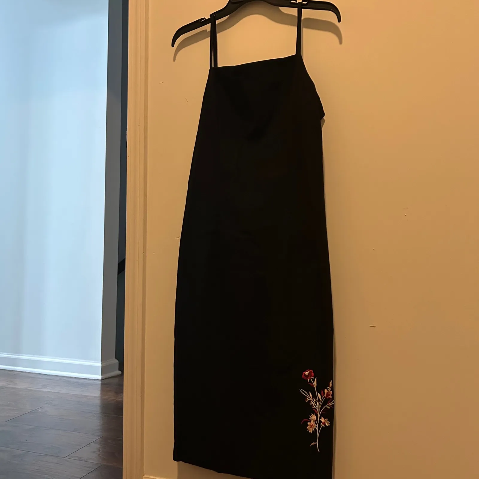 VTG Necessary Objects Black Dress Floral Embroidered Spaghetti Strap Size M/L - Image 2