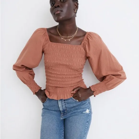 Madewell Rust Bubble Smocked Blouse Top - Image 2