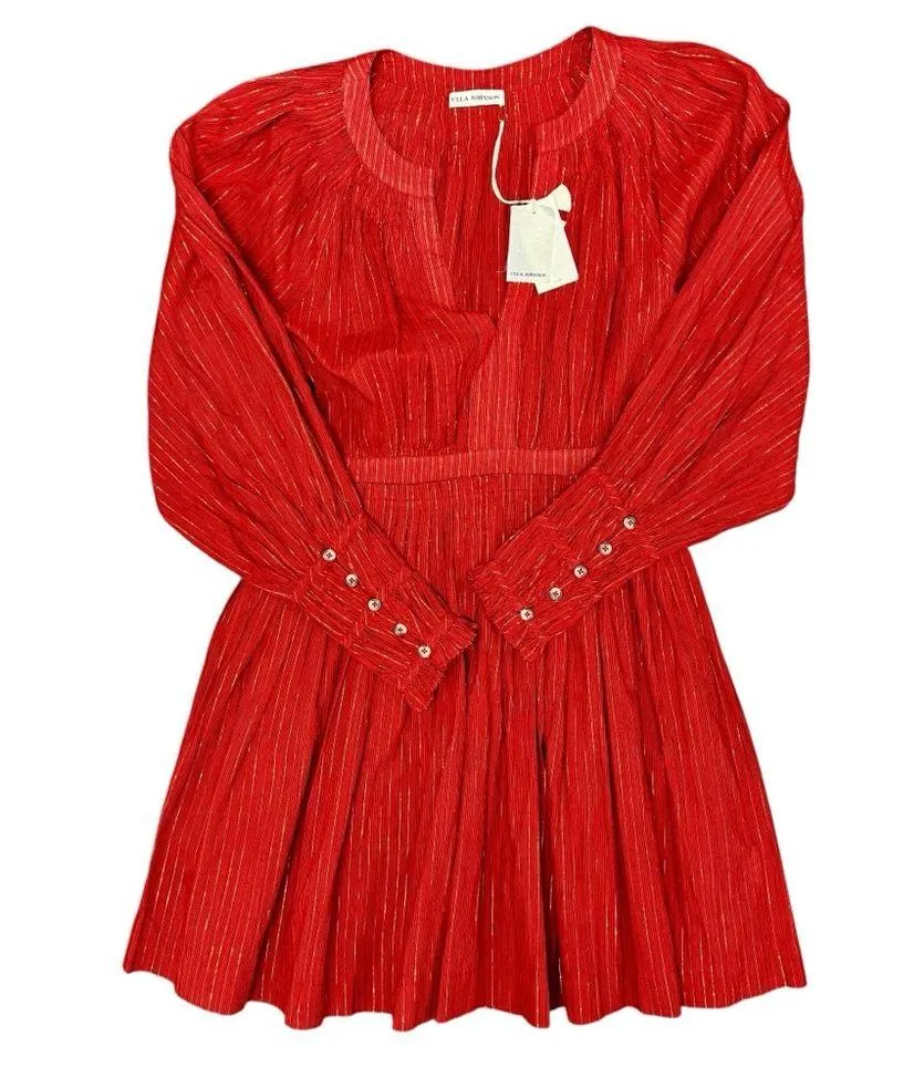 NEW Ulla Johnson Rory Metallic Cotton Long Sleeve Mini Dress Ruby Red 4 NWT - Image 6