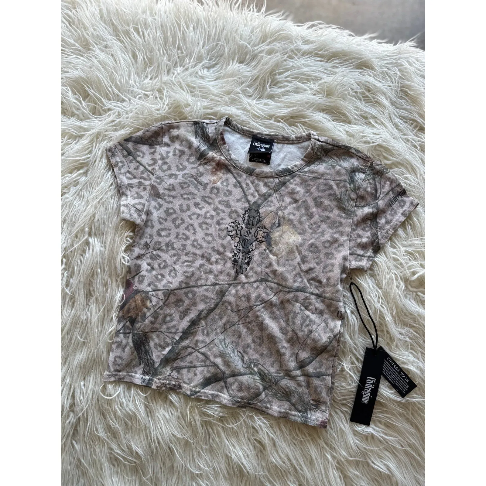 Civil Regime Concrete Sin Energy Baby Tee Sun Wash Leopard Camo Size Large Tan - Image 3
