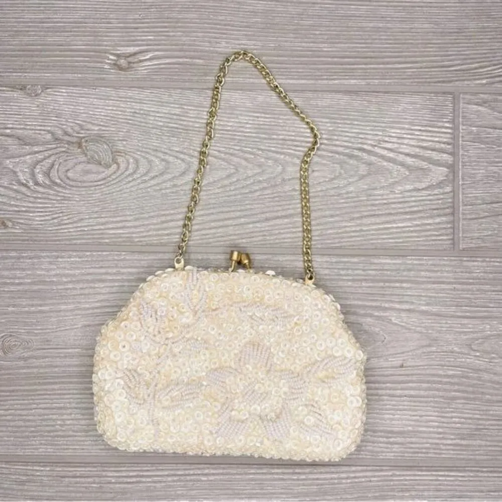 vintage beaded sequin safco clutch small formal bag / purse / wallet prom Silver - Image 2