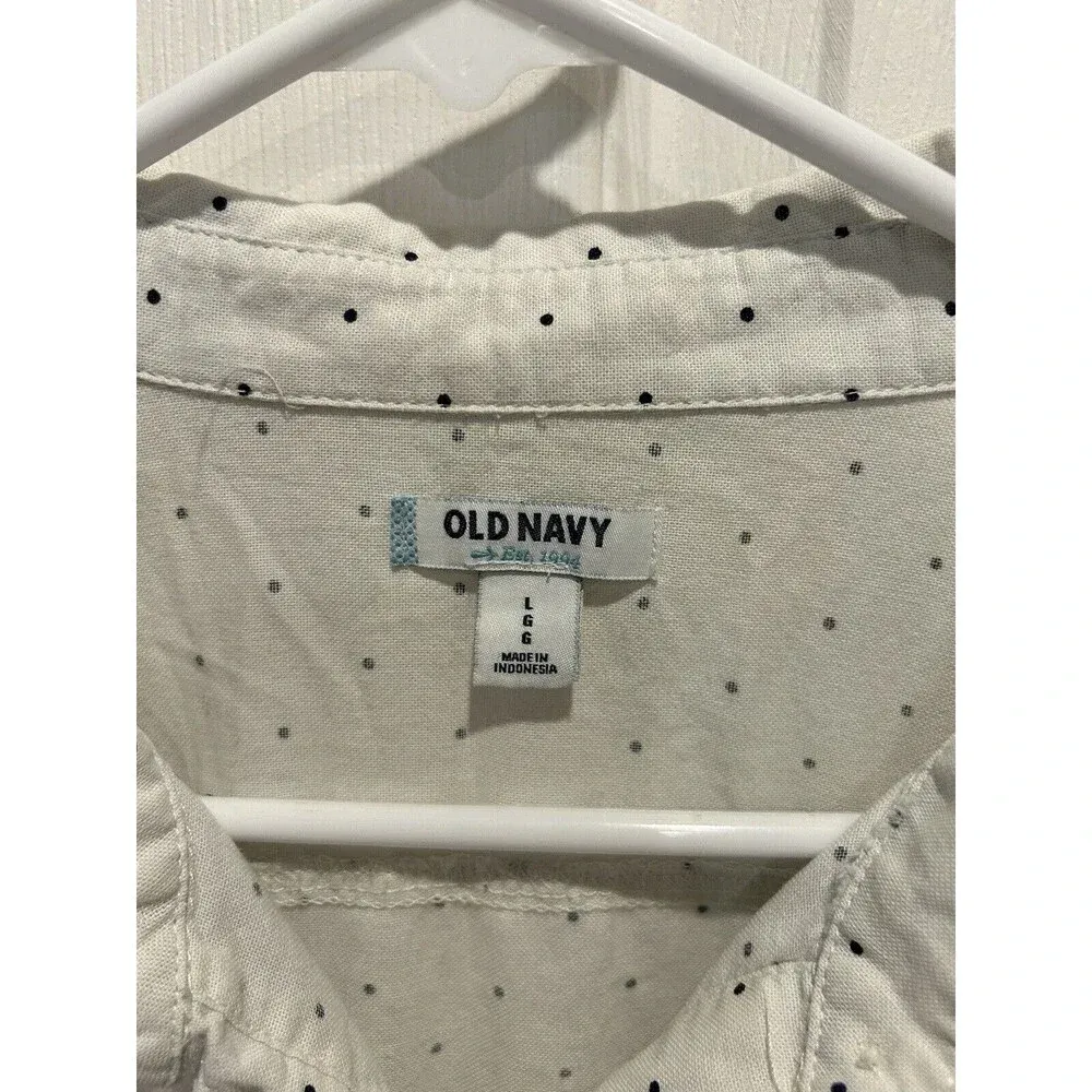 Old Navy Cream‎ Navy Polka Dot Cotton Button Up Long Sleeve Shirt Size Large - Image 3